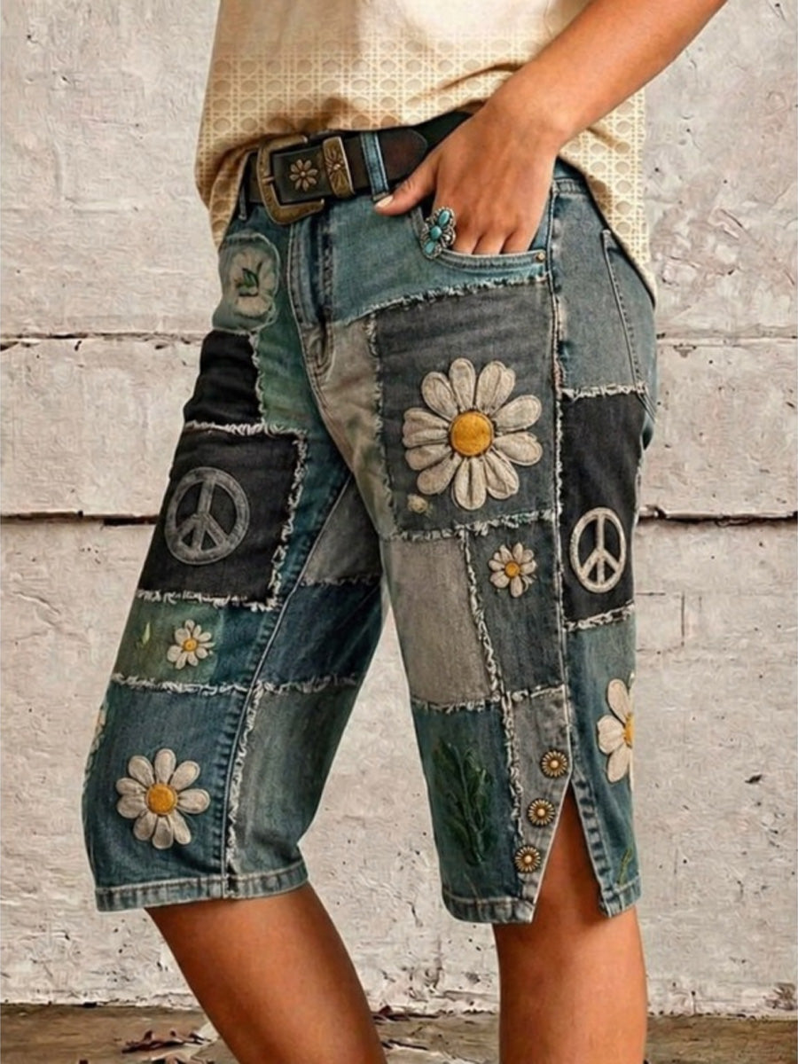 Retro Style Floral Print Vintage Casual Denim Shorts